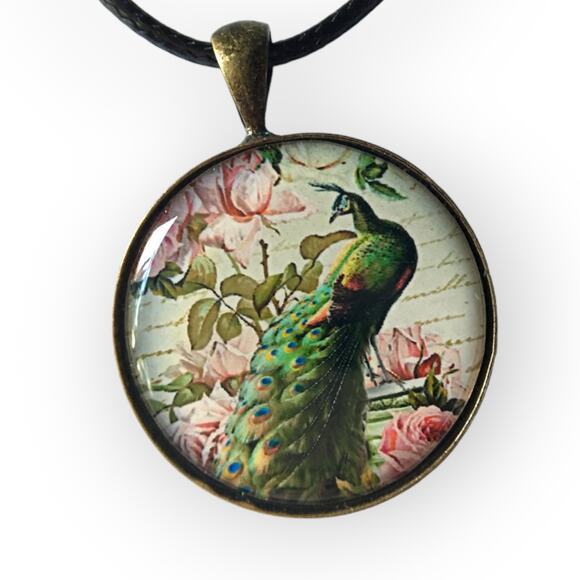 Glass front stylized peacock pendant necklace - Picture 1 of 12